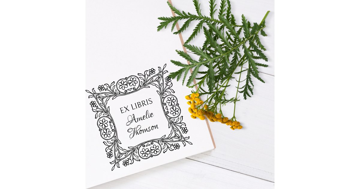 Vintage Floral Frame Custom Ex Libris Library Book Rubber Stamp | Zazzle