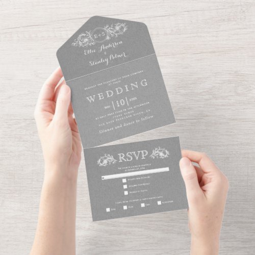 Vintage floral frame gray kraft paper wedding  all in one invitation