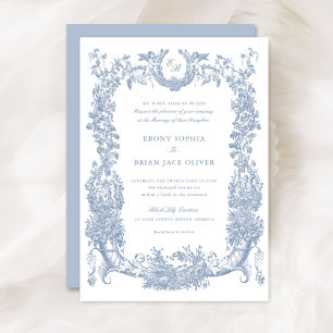Vintage Floral Frame Vine Toile Dusty Blue Wedding Invitation