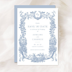 Vintage Floral Frame Vines Toile Blue Wedding Invitation