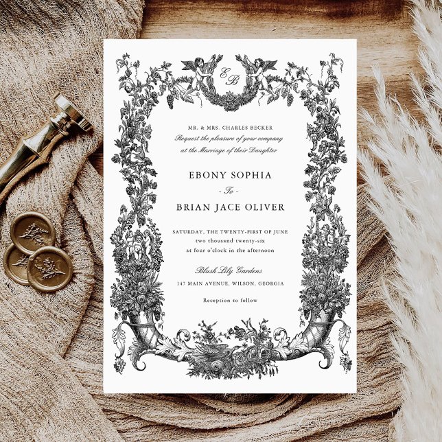 Vintage Floral Frame Vines Toile Crest Wedding Invitation (Creator Uploaded)