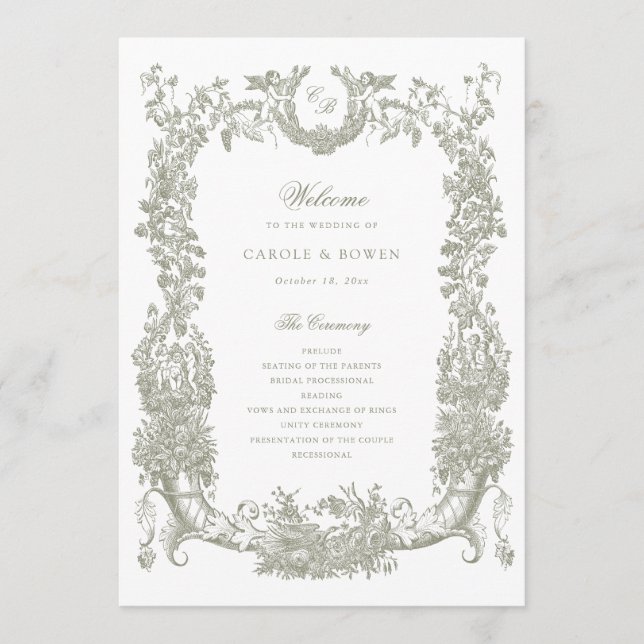Vintage Floral Frame Vines Toile Sage Wedding Program (Front)