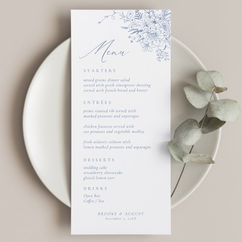 Vintage Floral French Blue Wedding Menu