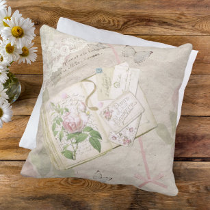 Vintage Floral French Scrapbook Ephemera Throw Pillow