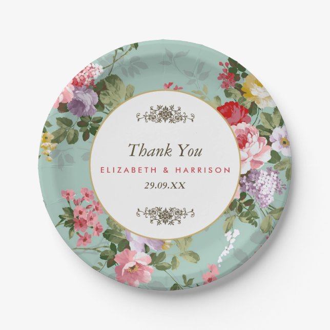 Vintage Floral Garden Botanical Wedding Paper Plates (Front)