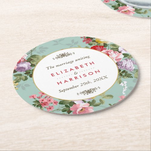 Vintage Floral Garden Botanical Wedding Round Paper Coaster