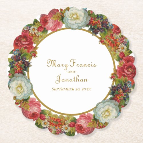 Vintage Floral Garland Autumn Roses Fall Wedding Paper Coaster