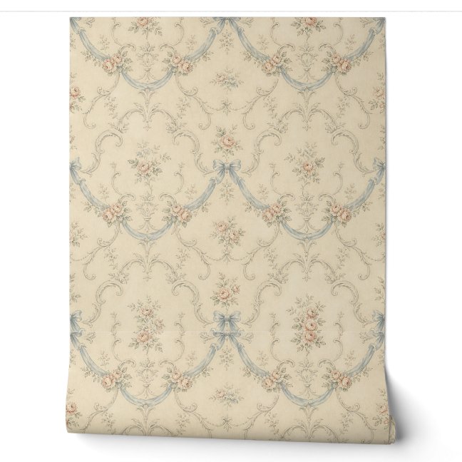 Vintage Floral Garland Pattern with Ribbons Wallpaper