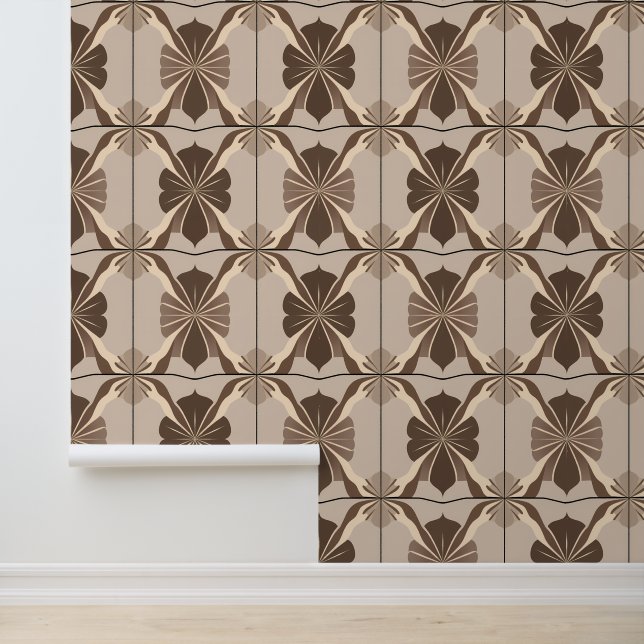 Vintage Floral Geometric Brown Pattern Wallpaper (Application)
