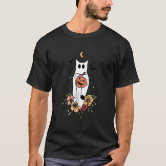 Vintage Floral Ghost Cat Cute Halloween Graphic T-Shirt