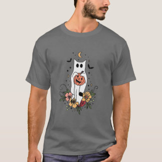 Vintage Floral Ghost Cat Cute Halloween Graphic T-Shirt
