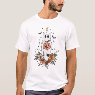 Vintage Floral Ghost Cat Halloween Graphic T-Shirt
