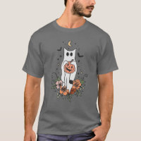 Vintage Floral Ghost Cat Halloween Graphic