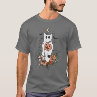 Vintage Floral Ghost Cat Halloween Graphic T-Shirt