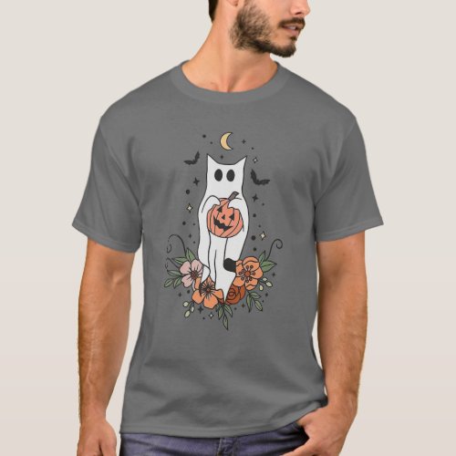 Vintage Floral Ghost Cat Halloween Graphic T_Shirt