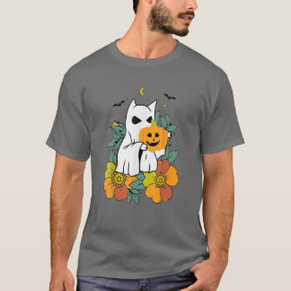 Vintage Floral Ghost Cat Halloween Graphic T-Shirt