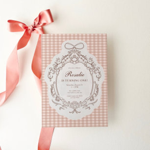 Vintage Floral Gingham Girls 1st Birthday Invitation