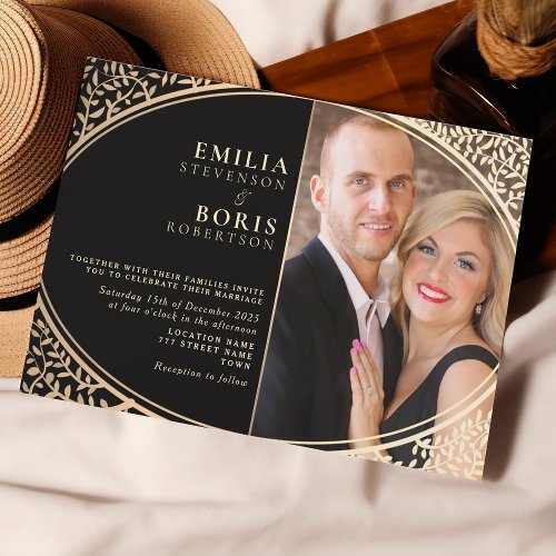 Vintage Floral Gold Black Wedding Invitation