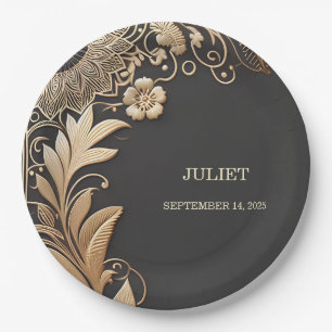 Vintage Floral Gold Foil Embossed Bridal Shower Paper Plates