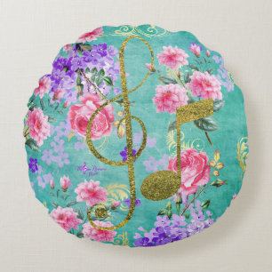 Vintage Floral Gold Glitter Music Round Pillow
