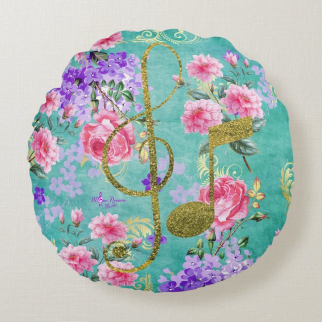 Vintage Floral Gold Glitter Music Round Pillow (Front)