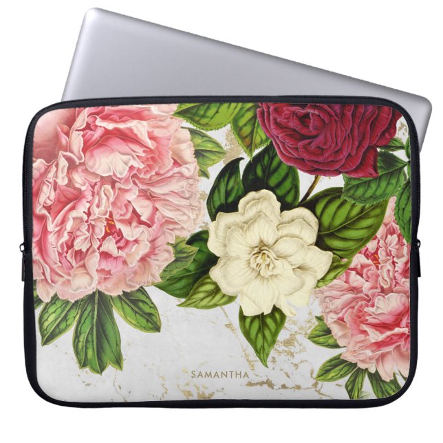 Vintage Floral Gold Marble Custom Laptop Sleeve (Front)