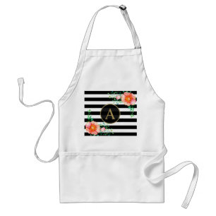 Vintage Floral Gold Monogram Black White Striped Adult Apron