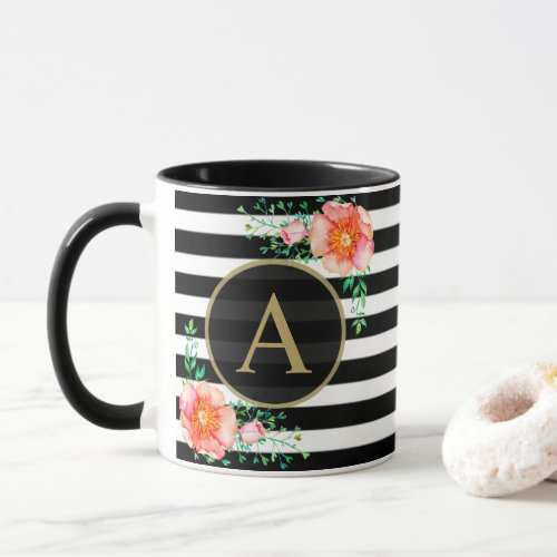 Vintage Floral Gold Monogram Black White Striped Mug