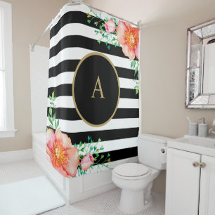 Vintage Floral Gold Monogram Black White Striped Shower Curtain