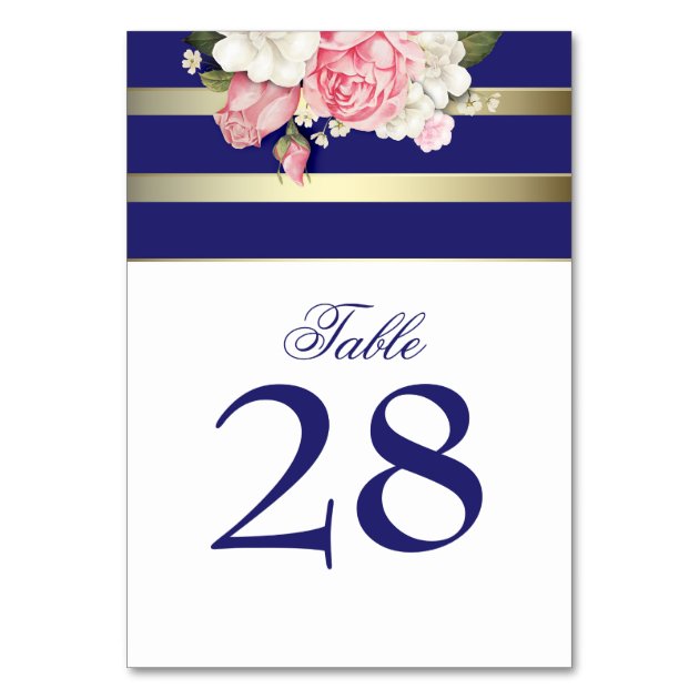 Vintage Floral Gold Navy White Stripes Wedding Invitation