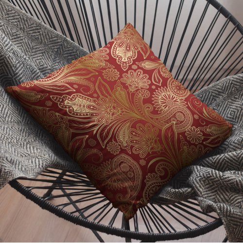 Vintage Floral Gold On Dark Red Paisley Pattern Throw Pillow