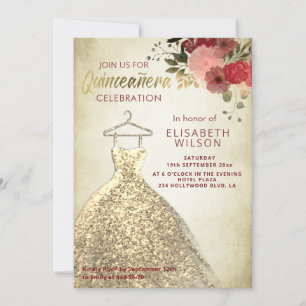 Vintage Floral gold sequins dress Quinceañera Invitation