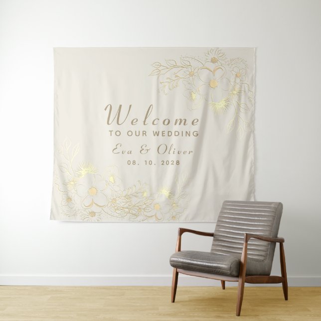 Vintage Floral Gold Wedding Welcome Tapestry (In Situ (Horizontal))