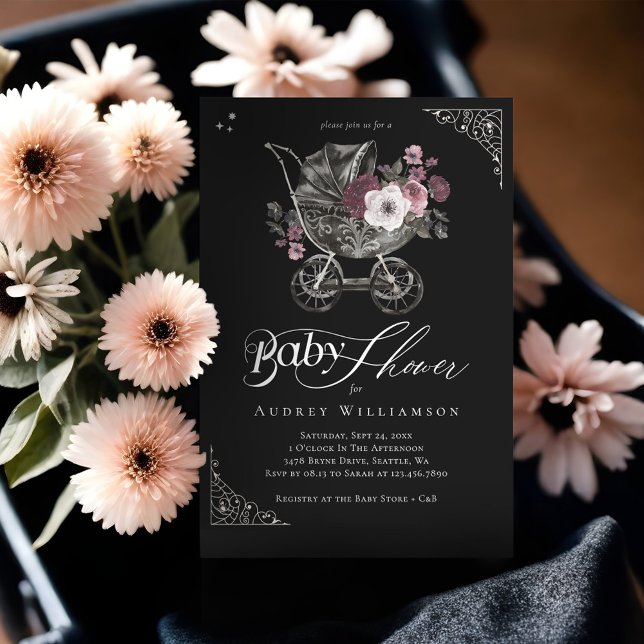 Vintage Floral Gothic Stroller Spooky Baby Shower Invitation (Vintage Floral Gothic Stroller Spooky Baby Shower Invitation (Front))