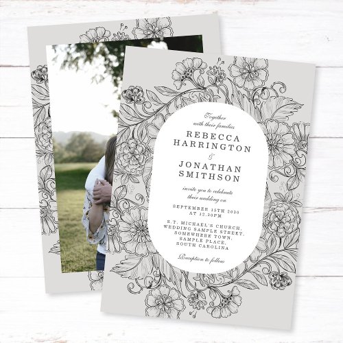 Vintage Floral Gray Photo Wedding Invitation