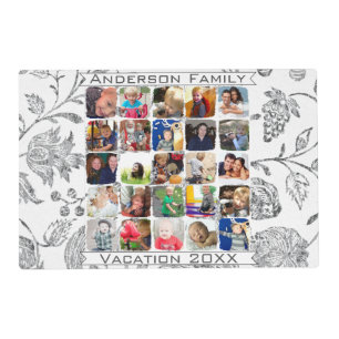 Vintage Floral Gray Vacation Family Photo Placemat