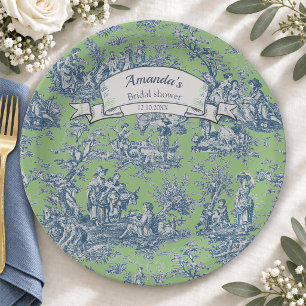 Vintage floral green blue toile de jouy shower paper plates