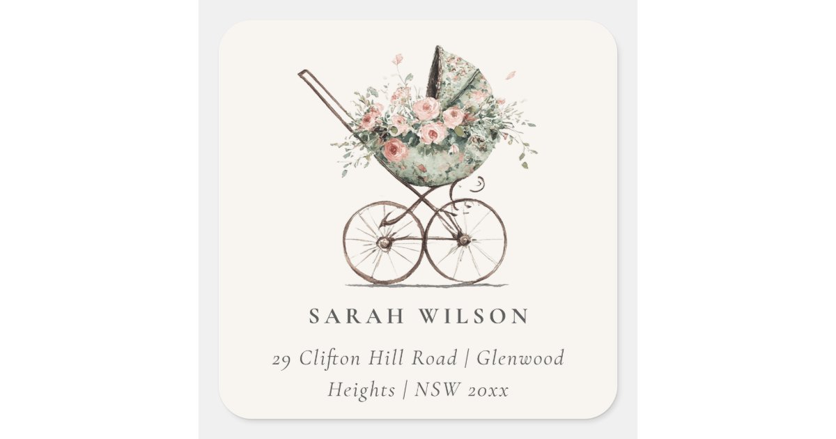 Vintage Floral Green Blush Stroller Baby Address Square Sticker | Zazzle