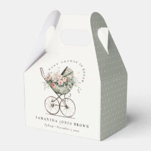 Vintage Floral Green Blush Stroller Baby Shower Favor Boxes