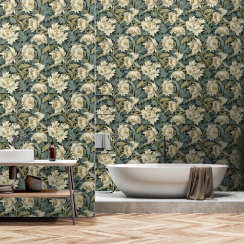 Vintage Floral Green Cream Wallpaper