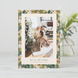 Vintage Floral Green Merry Christmas Family Photo Holiday Card