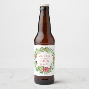 Vintage Floral Green & Pink Succulent   Wedding Beer Bottle Label