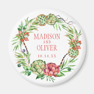Vintage Floral Green & Pink Succulent Wedding Magnet