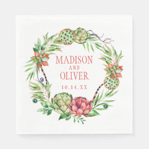 Vintage Floral Green & Pink Succulent   Wedding Napkins