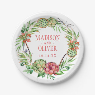 Vintage Floral Green & Pink Succulent Wedding Paper Plates