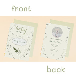 Vintage Floral Green Stork Photo Baby Shower Invitation