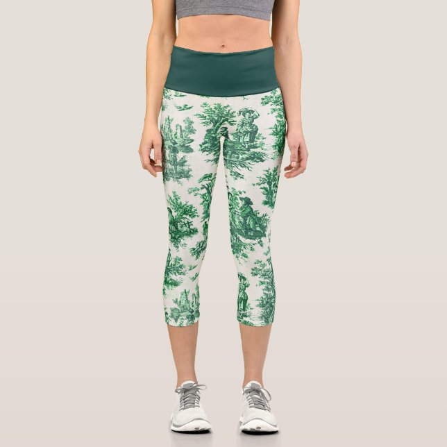 Vintage floral green toile jouy capri leggings (Front)