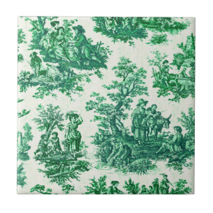 Vintage floral green toile jouy monogram ceramic tile