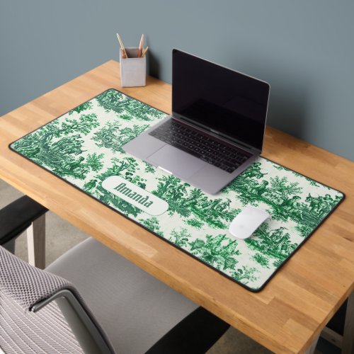 Vintage floral green toile jouy monogram desk mat