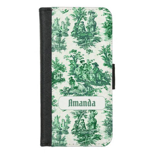 Vintage floral green toile jouy monogram iPhone 87 wallet case